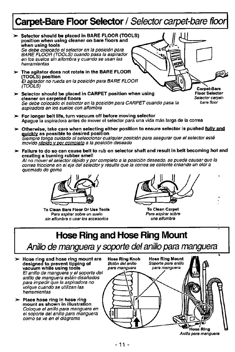 Carpet-bare поог, Hose ring and hose ring mount, Зелеслог/ selector carpet-bare floor | Carpet-bare floor selector, Hose ring knob, Hose ring mount, Hose ring | Panasonic MC-V5746 User Manual | Page 11 / 24