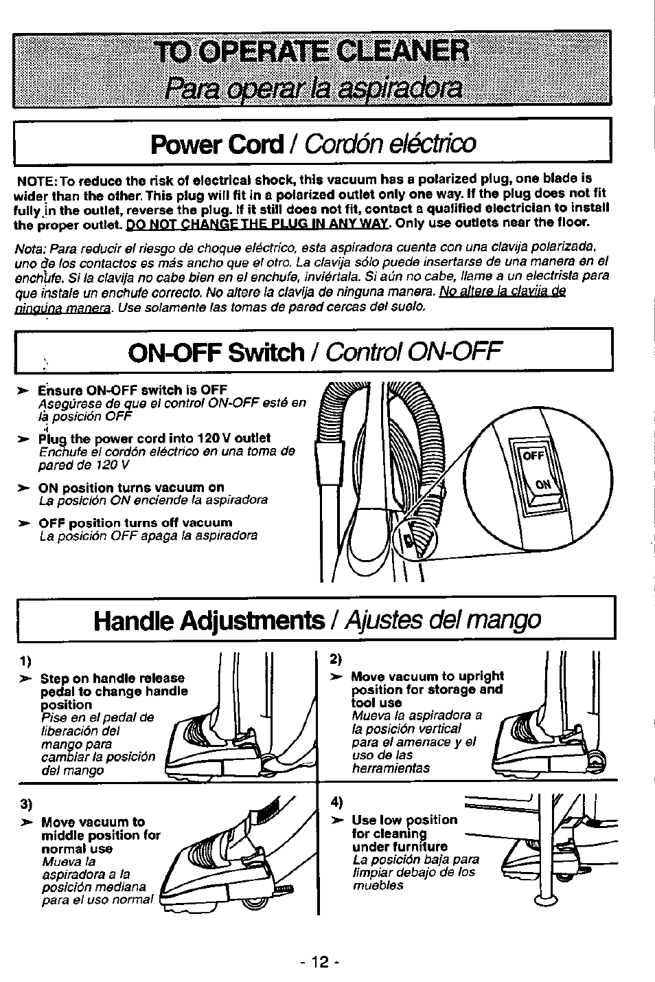 10 ôpérall cleaner, Power cord, On-off switch | Handle adjustments, Cordón eléctrica, Contml on-off, Ajustes del mango | Panasonic MC-V5746 User Manual | Page 12 / 24