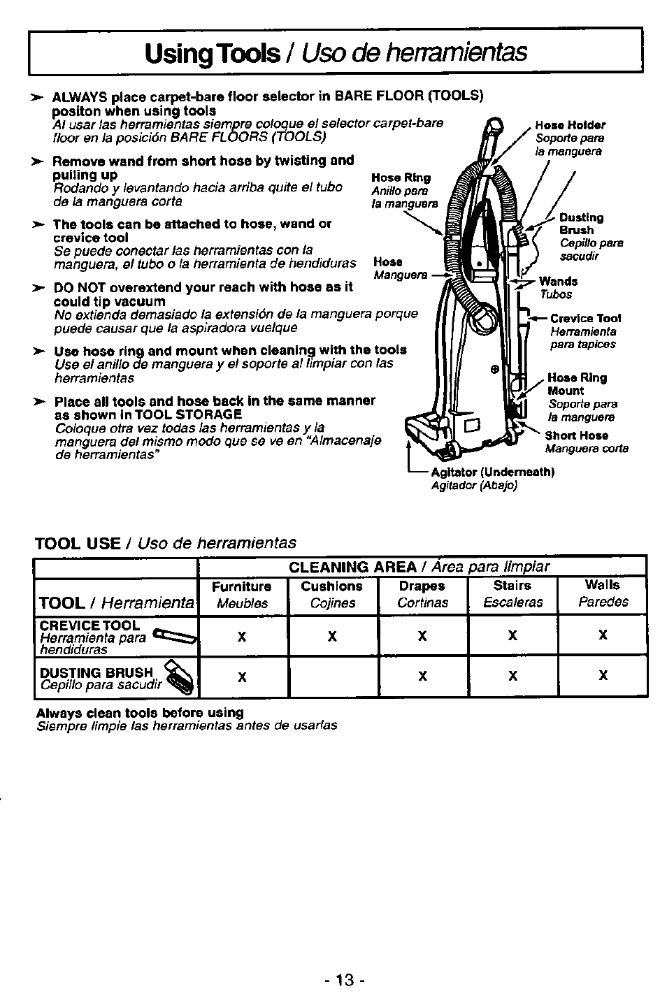 Using tools, Uso de herramientas, Hose ring | Hose, Hose holder, Dusting brush, Crevice tool, Hose ring mount soporte, Short hose, Agitator (underneath) | Panasonic MC-V5746 User Manual | Page 13 / 24