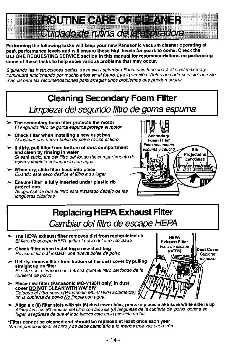 Cleaning secondary foam filter, Replacing, Exhaust rlter | Limpieza del segundo filtro de goma espuma, Hepa, Cambiar del filbo de escape hepa, Secondary foam filter, Dust cover | Panasonic MC-V5746 User Manual | Page 14 / 24