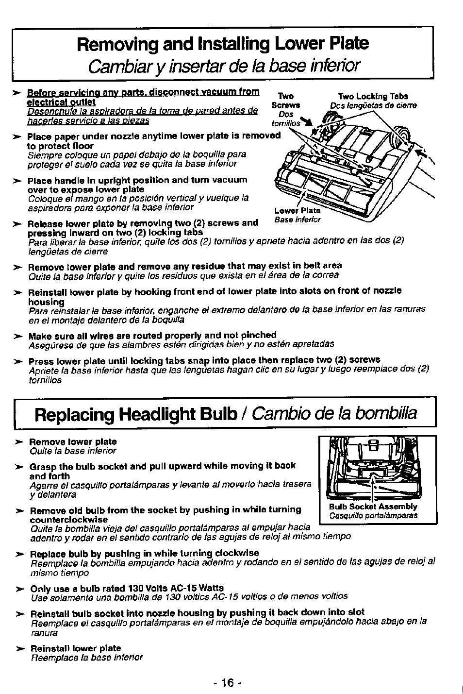 Removing and installing lx)wer plate, Replacing headlight bulb, Cambiar y insertar de la base inferior | Cambb de la bombilla, Two screws, Two locking tabs, Lower plato, Bulb socket assembly | Panasonic MC-V5746 User Manual | Page 16 / 24