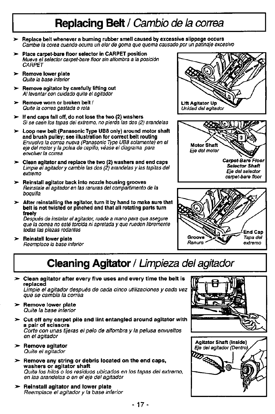 Replacing belt, Cleaning agitator, Cambio de la correa | Limpieza del agitador | Panasonic MC-V5746 User Manual | Page 17 / 24