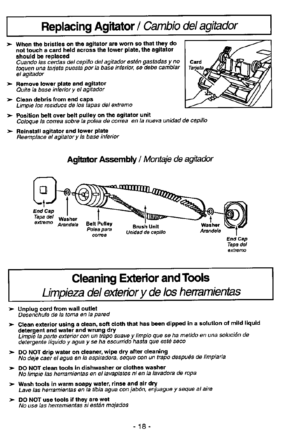 Replacing agitator, Cleaning exterior and tools, Cambb cbl agitador | Agitator assembly, Limpieza del exterior y de los herramientas, Brush unit, Montaje de agitador | Panasonic MC-V5746 User Manual | Page 18 / 24