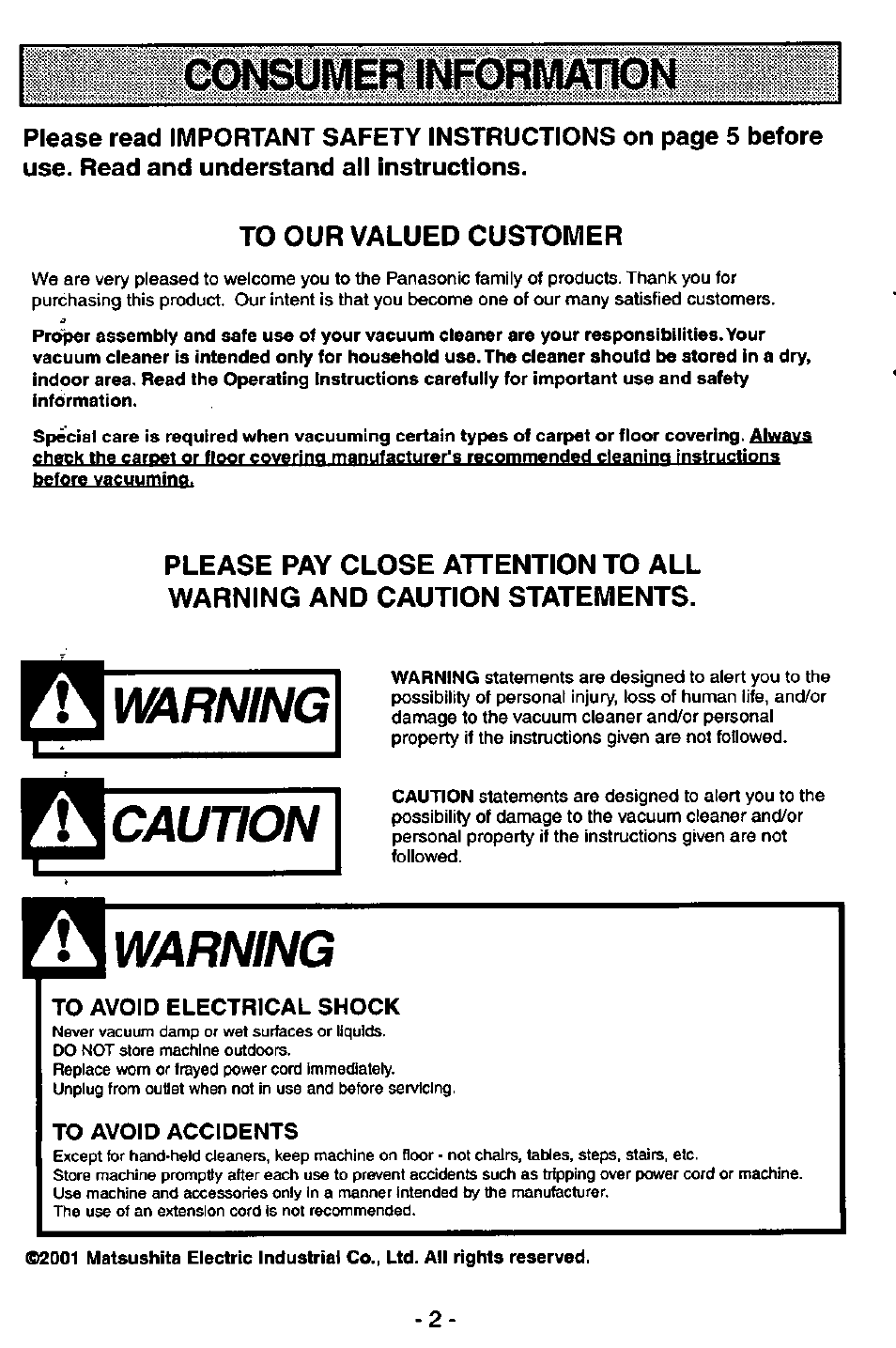 Warning caution, Warning | Panasonic MC-V5746 User Manual | Page 2 / 24