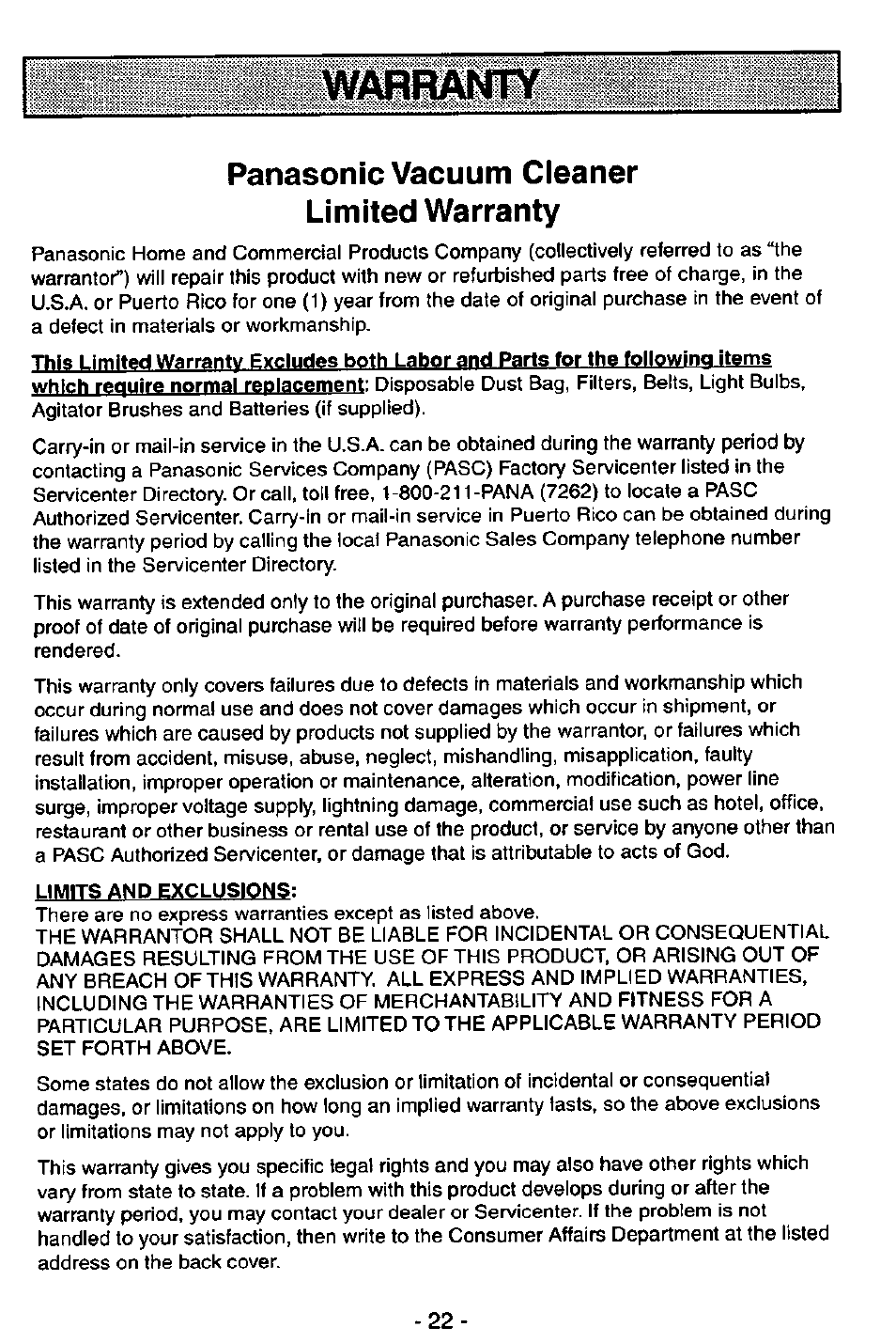 Warrawìy, Panasonic vacuum cleaner limited warranty | Panasonic MC-V5746 User Manual | Page 22 / 24