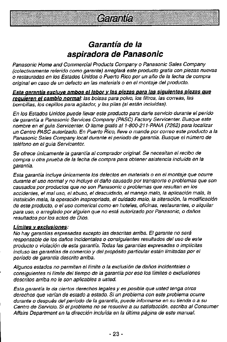 Gamntfa, Garantía de ta aspiradora de panasonic | Panasonic MC-V5746 User Manual | Page 23 / 24