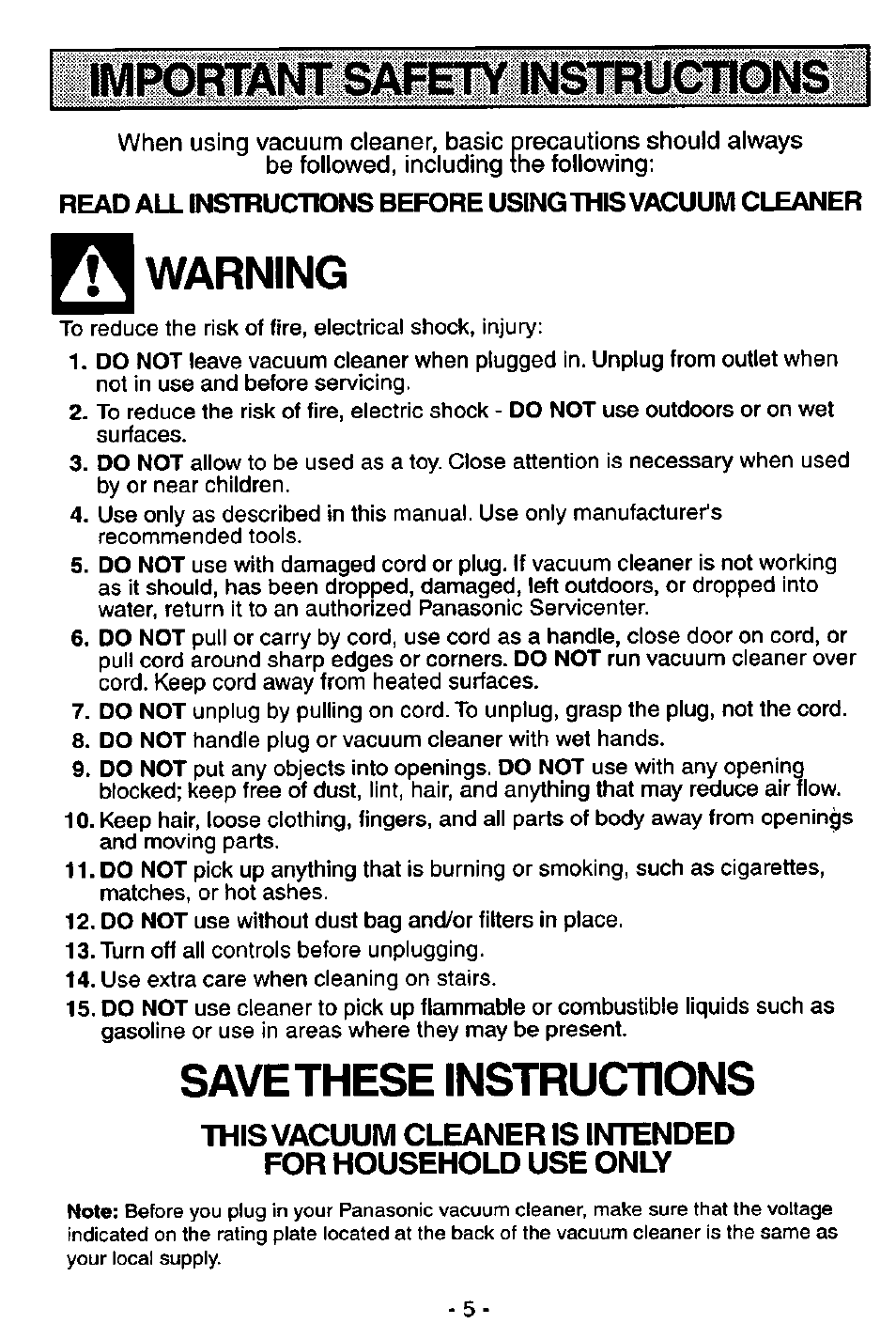 Warning, Save these instructions | Panasonic MC-V5746 User Manual | Page 5 / 24