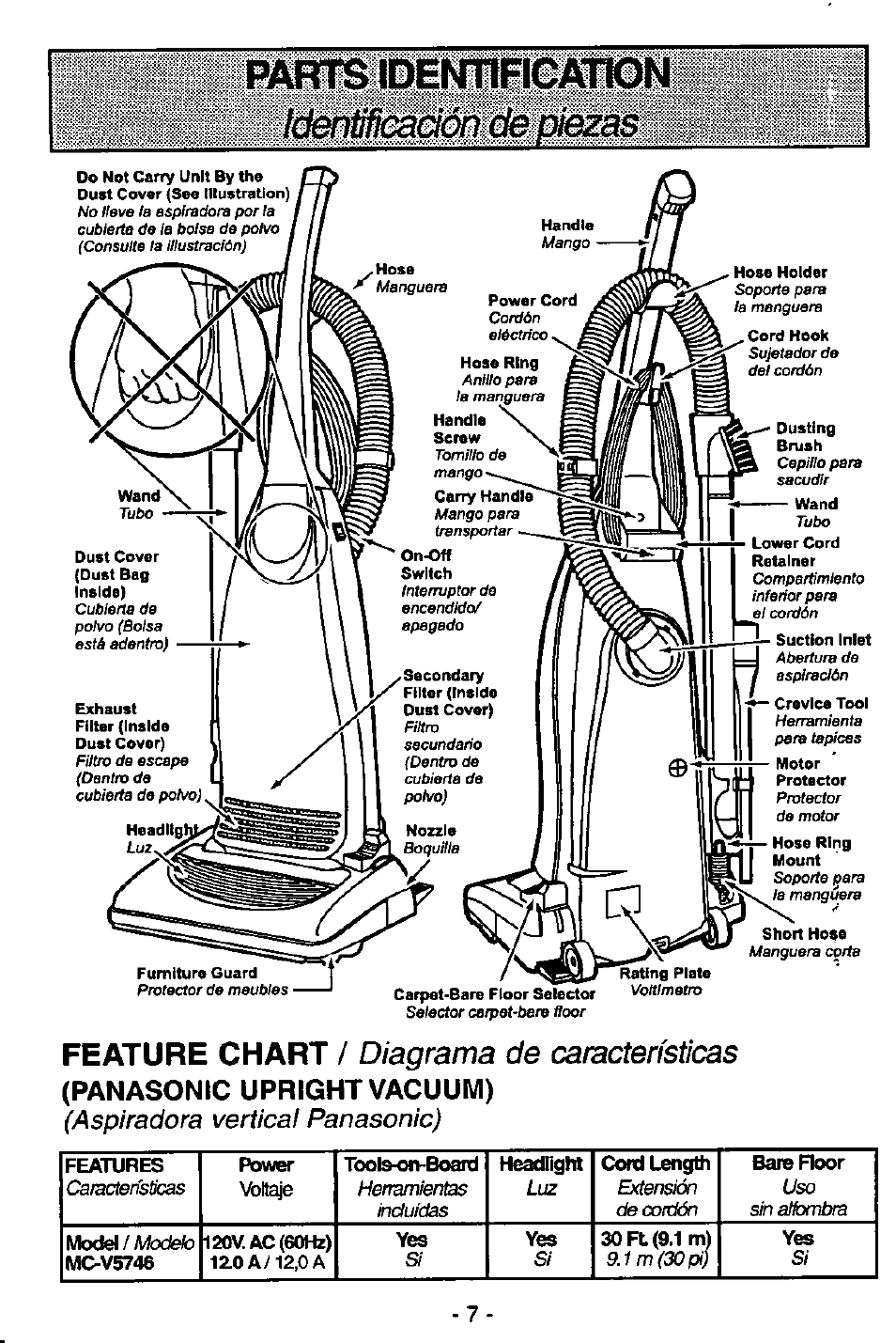 3!amb identibcallon, Feature chart, Panasonic upright vacuum) | Diagrama de características, Aspiradora vertical panasonic), Handle, Power cord, Dust cover (dust bag inside), Exhaust filter (inside dust cover), Furniture guard | Panasonic MC-V5746 User Manual | Page 7 / 24