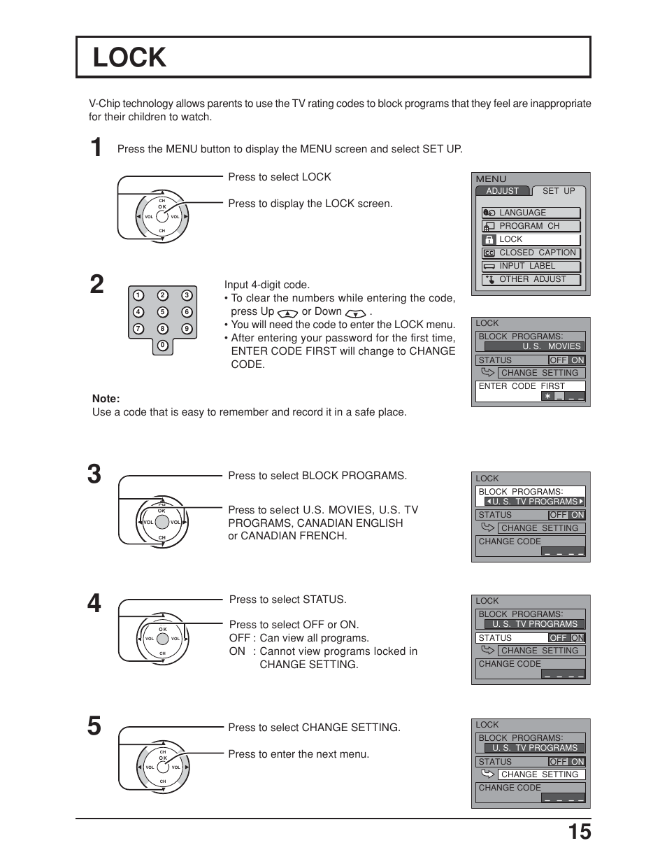 Lock / parental control, Lock | Panasonic TC-19LE50 User Manual | Page 15 / 49