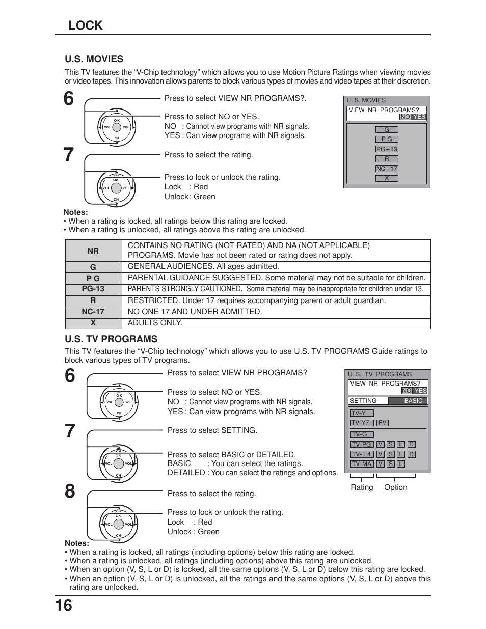 Lock, U.s. movies, U.s. tv programs | Panasonic TC-19LE50 User Manual | Page 16 / 49
