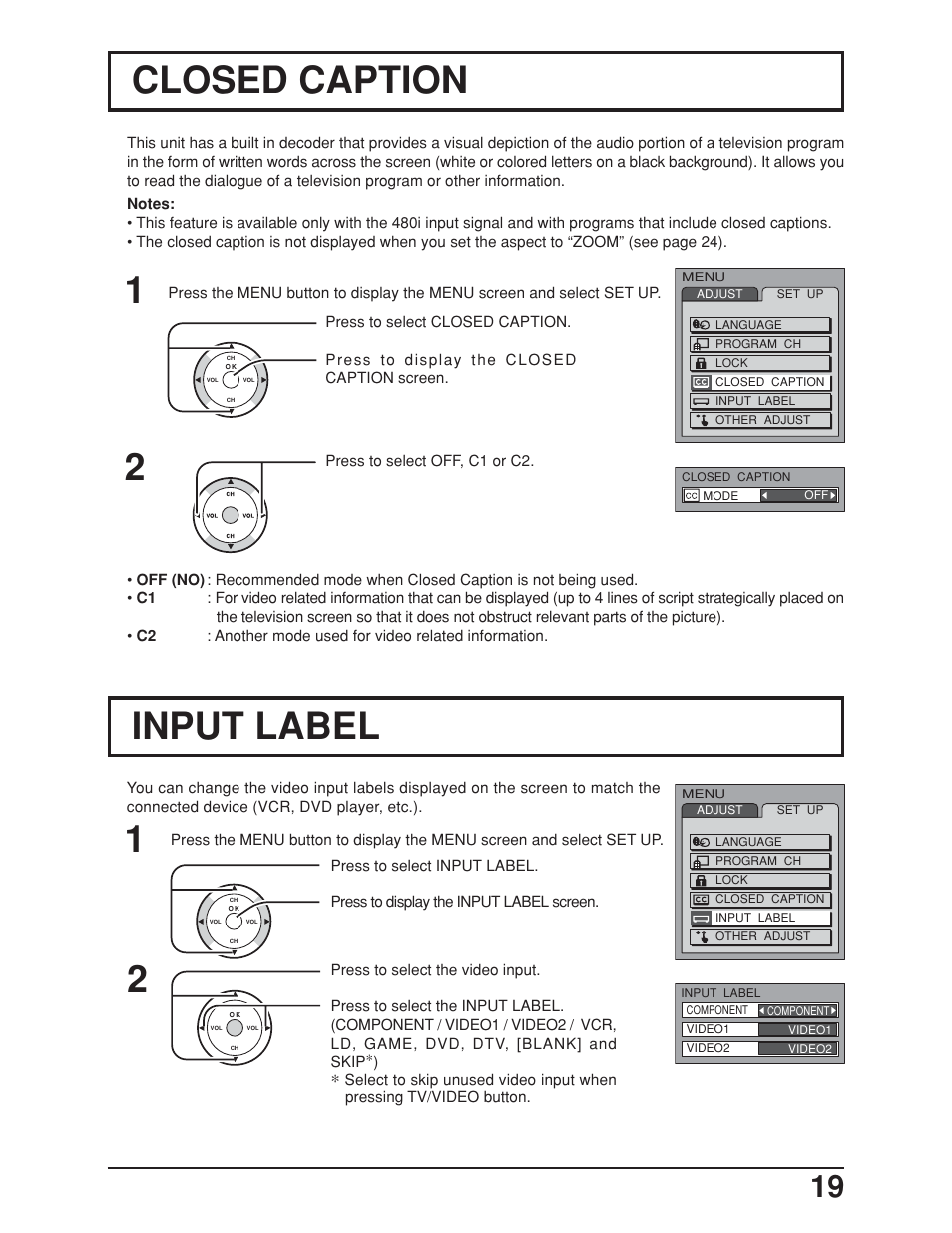 Closed caption, Naming the inputs, Input label | Panasonic TC-19LE50 User Manual | Page 19 / 49