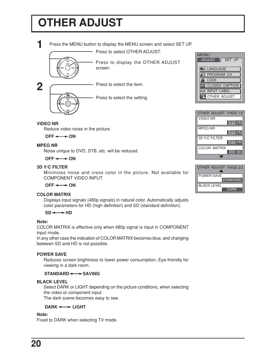 Other settings, Video nr, Mpeg nr | 3d y/c filter, Color matrix, Power save, Black level, Other adjust | Panasonic TC-19LE50 User Manual | Page 20 / 49
