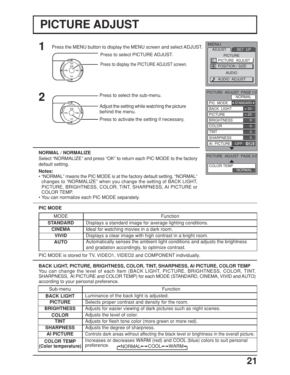 Adjusting the picture, Auto brightness mode, Picture adjust | Panasonic TC-19LE50 User Manual | Page 21 / 49