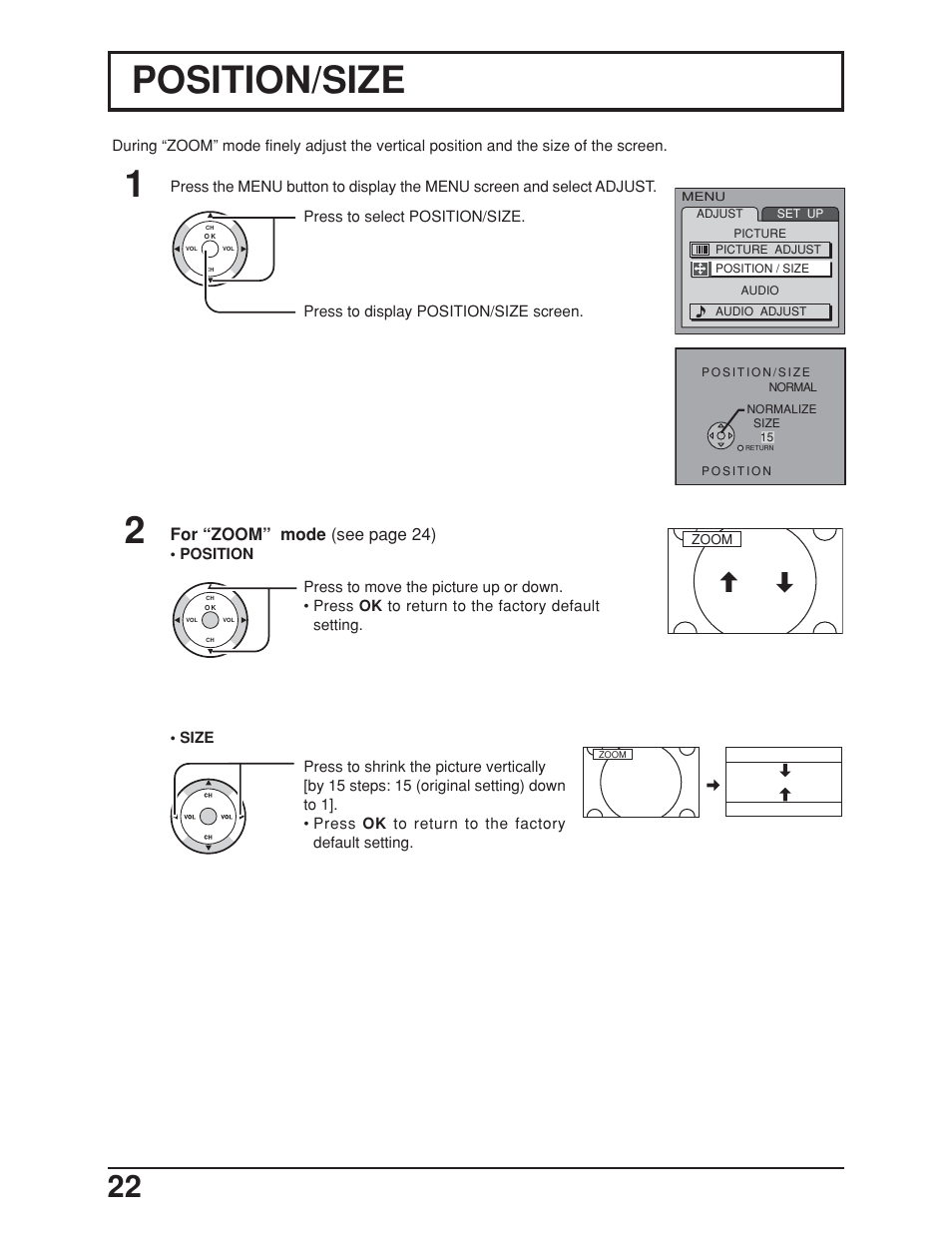 Picture position / size, Position/size, For “zoom” mode (see page 24) | Panasonic TC-19LE50 User Manual | Page 22 / 49