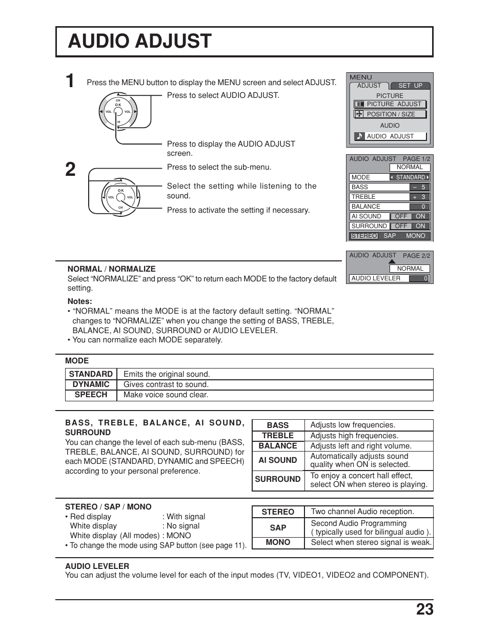 Adjusting the audio, Audio adjust | Panasonic TC-19LE50 User Manual | Page 23 / 49