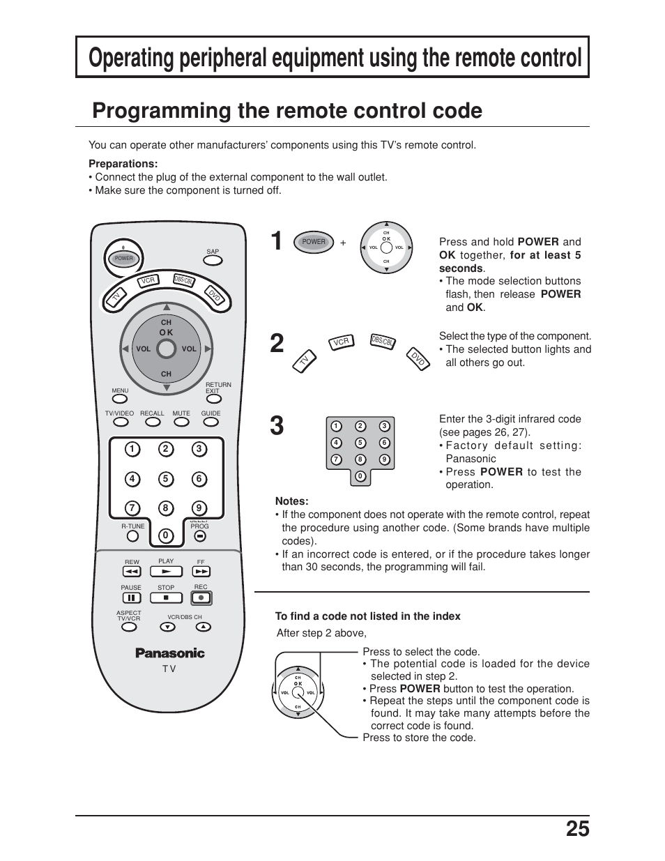 Programming the remote control, Programming the remote control code | Panasonic TC-19LE50 User Manual | Page 25 / 49