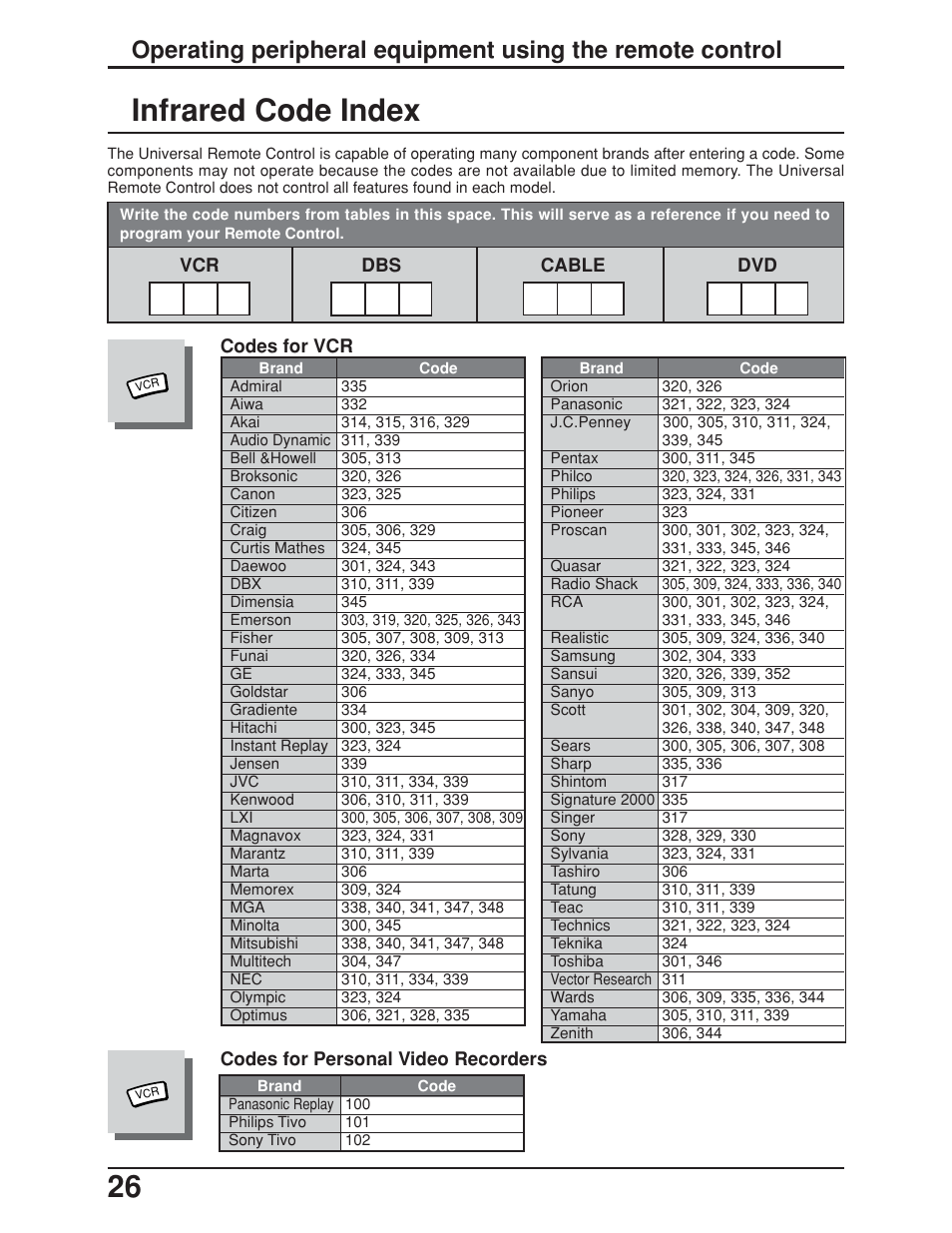 Code list, 26 infrared code index | Panasonic TC-19LE50 User Manual | Page 26 / 49