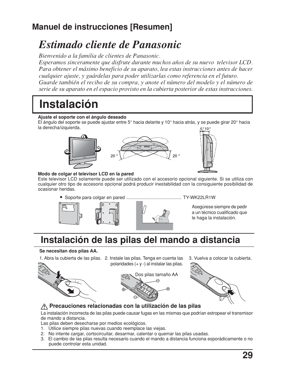 Spanish quick start, Estimado cliente de panasonic, Instalación | Instalación de las pilas del mando a distancia, Manuel de instrucciones [resumen | Panasonic TC-19LE50 User Manual | Page 29 / 49