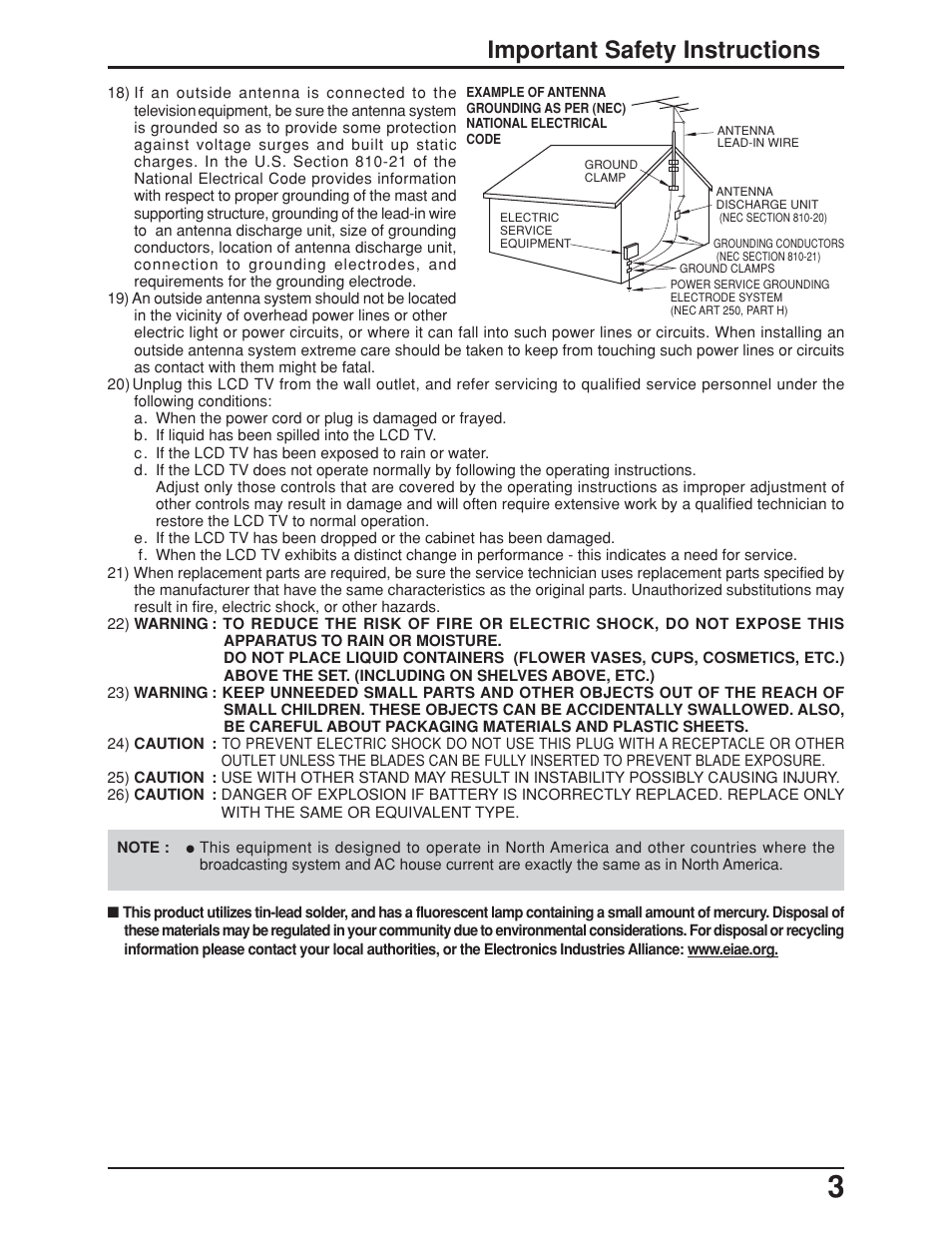 Important safety instructions | Panasonic TC-19LE50 User Manual | Page 3 / 49