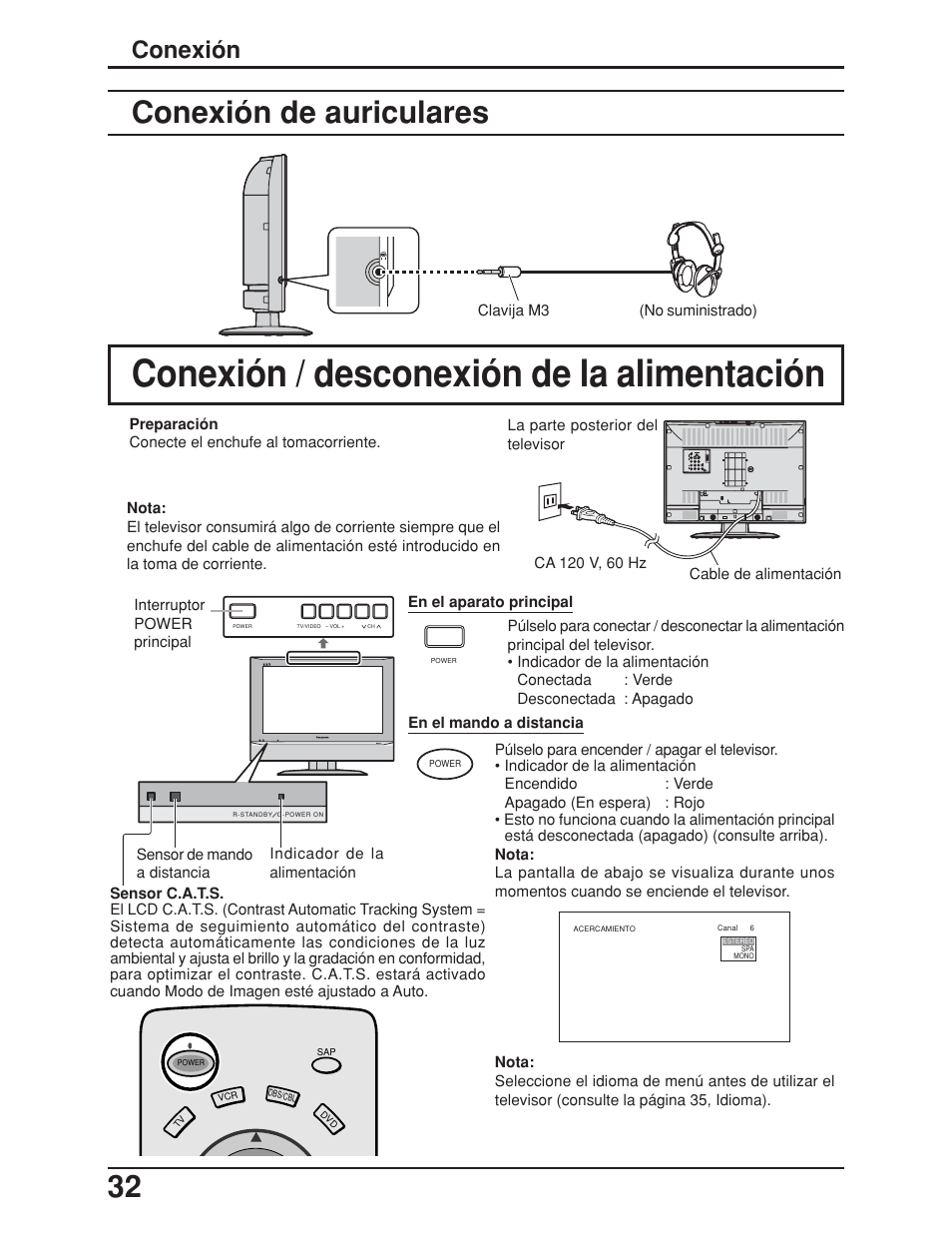 Conexión / desconexión de la alimentación, Conexión de auriculares, Conexión | Panasonic TC-19LE50 User Manual | Page 32 / 49