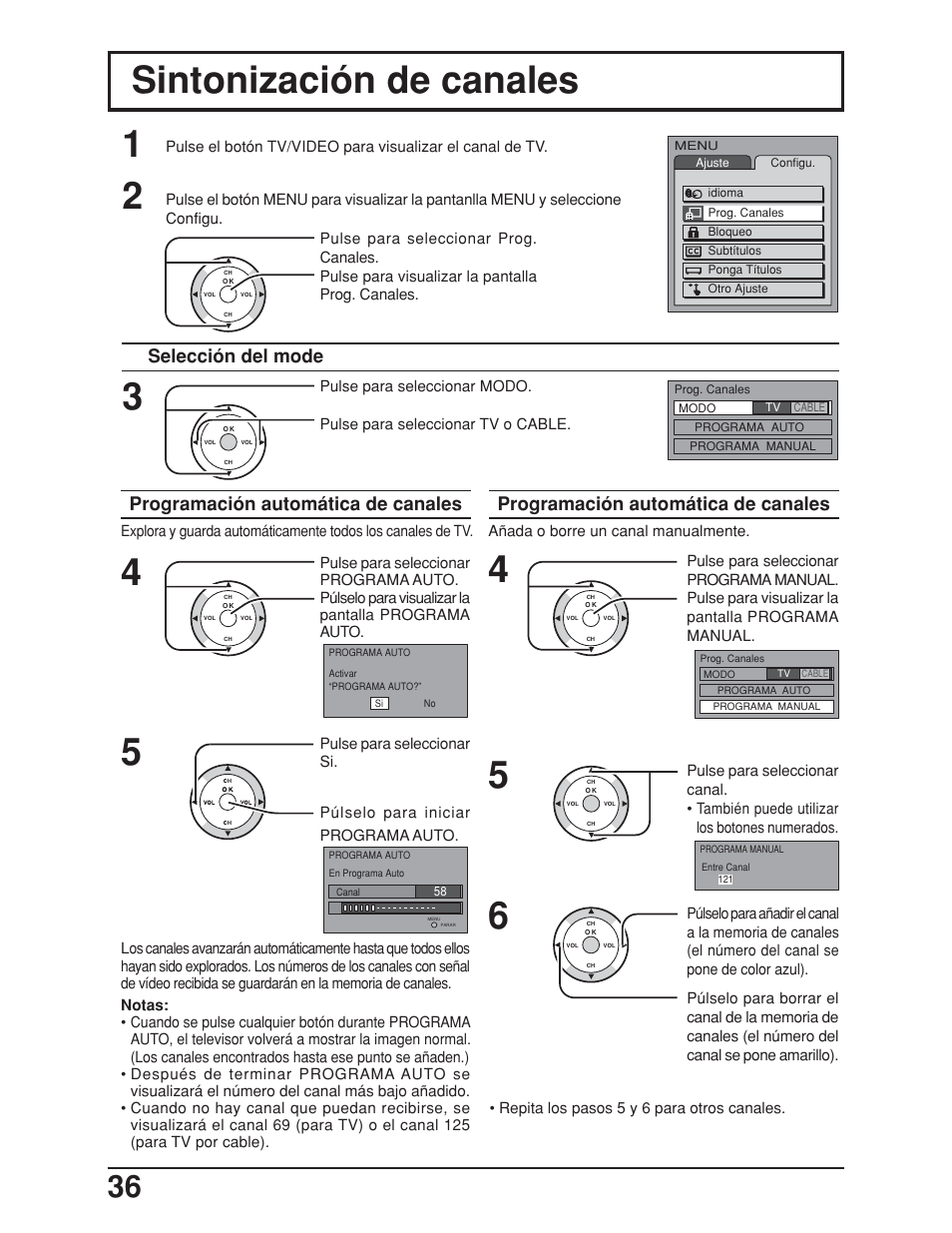 Sintonización de canales, Programación automática de canales, Selección del mode | Panasonic TC-19LE50 User Manual | Page 36 / 49