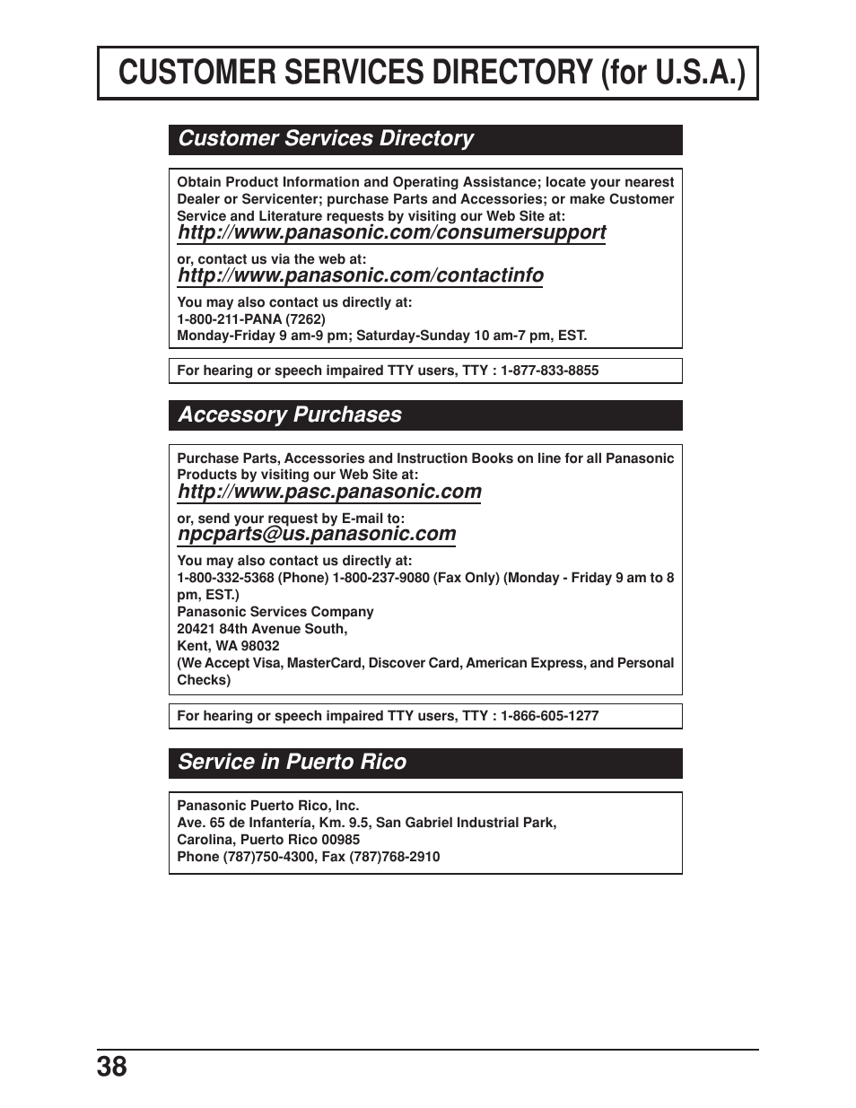 Customer services directory (for u.s.a.), Customer services directory, Accessory purchases | Service in puerto rico | Panasonic TC-19LE50 User Manual | Page 38 / 49