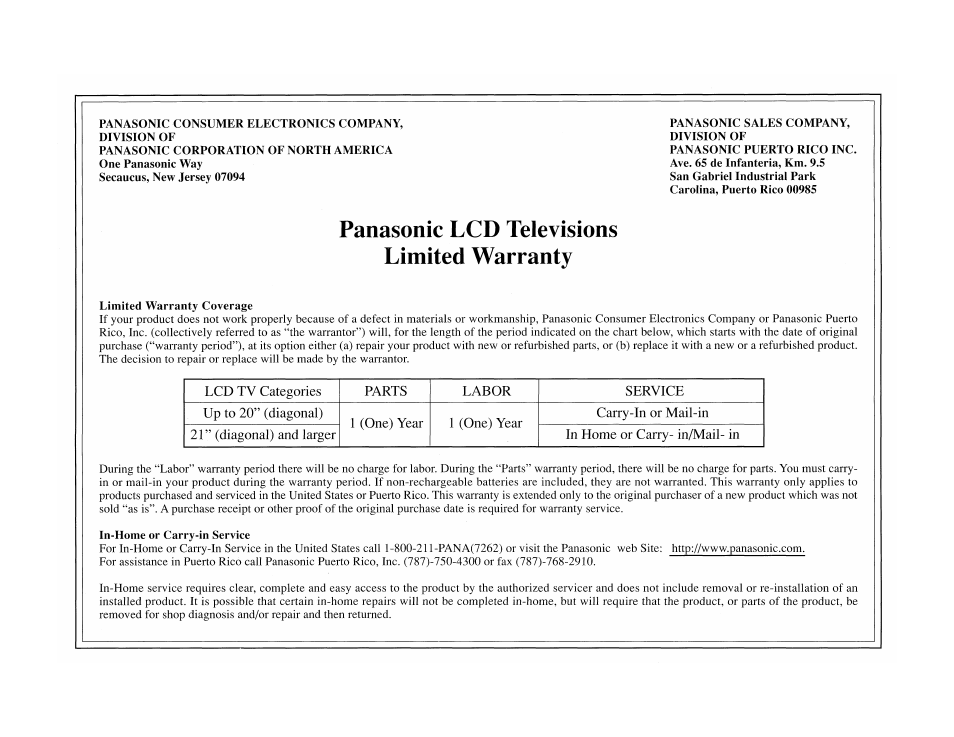 Warranty | Panasonic TC-19LE50 User Manual | Page 48 / 49