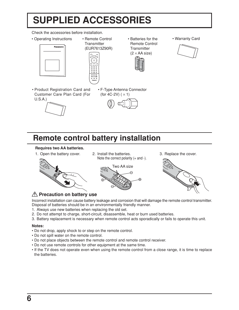 Supplied accessories, 6remote control battery installation | Panasonic TC-19LE50 User Manual | Page 6 / 49