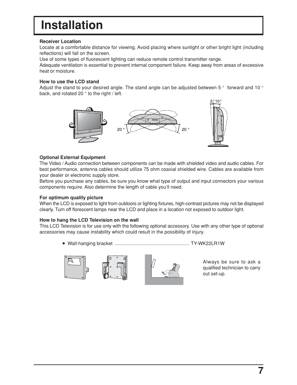 Placement, Installation | Panasonic TC-19LE50 User Manual | Page 7 / 49