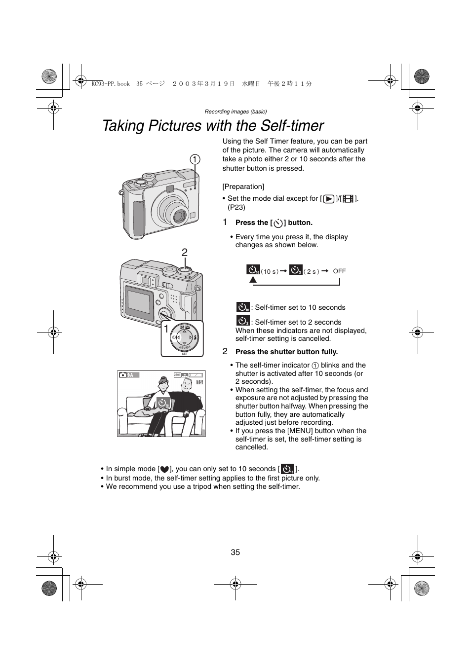 Taking pictures with the self-timer | Panasonic DMC-LC43PP User Manual | Page 35 / 104