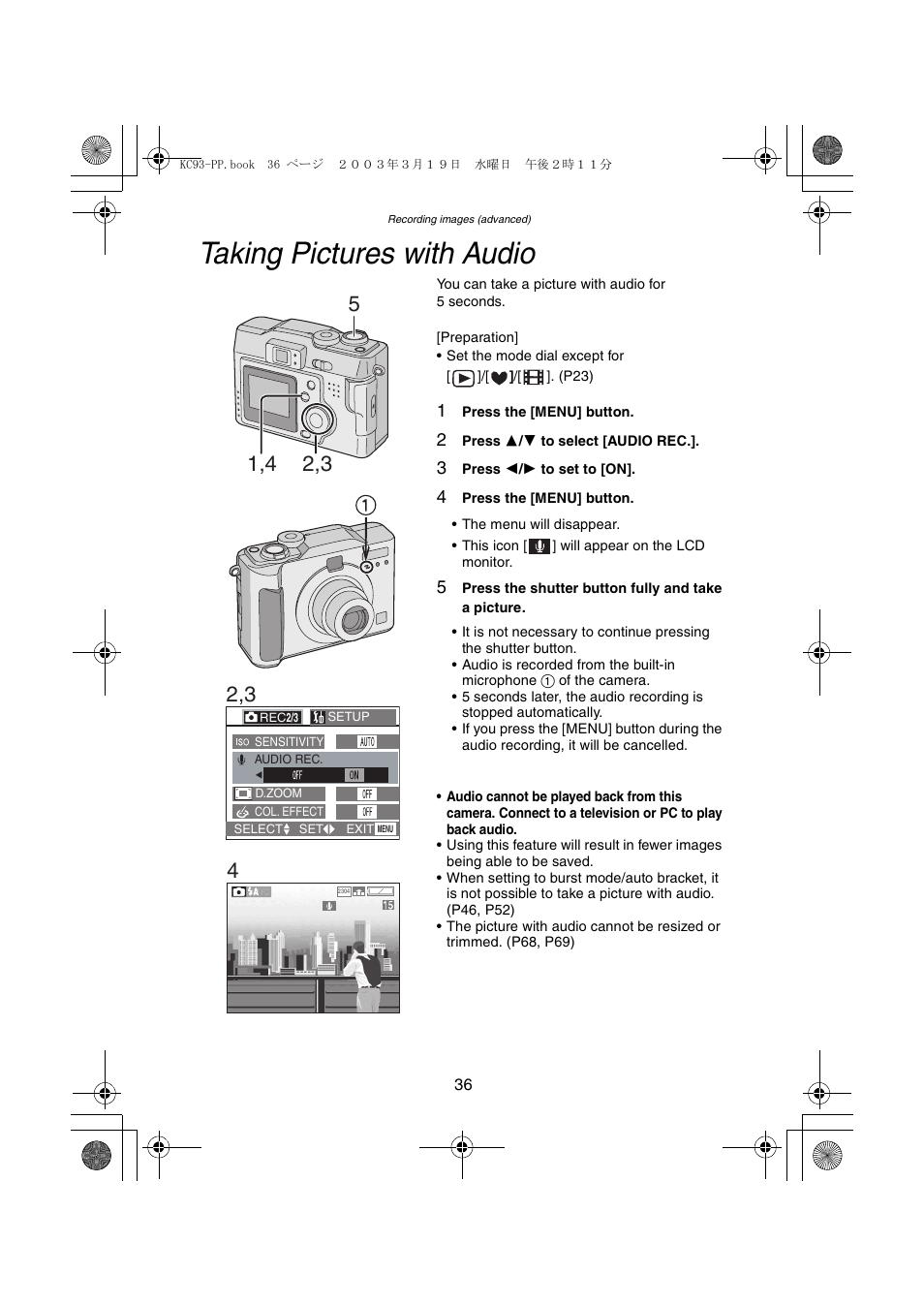 Recording images (advanced), Taking pictures with audio | Panasonic DMC-LC43PP User Manual | Page 36 / 104