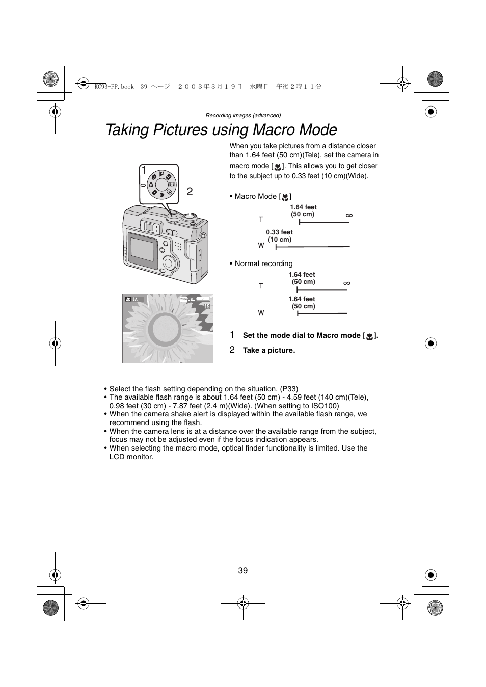 Taking pictures using macro mode | Panasonic DMC-LC43PP User Manual | Page 39 / 104