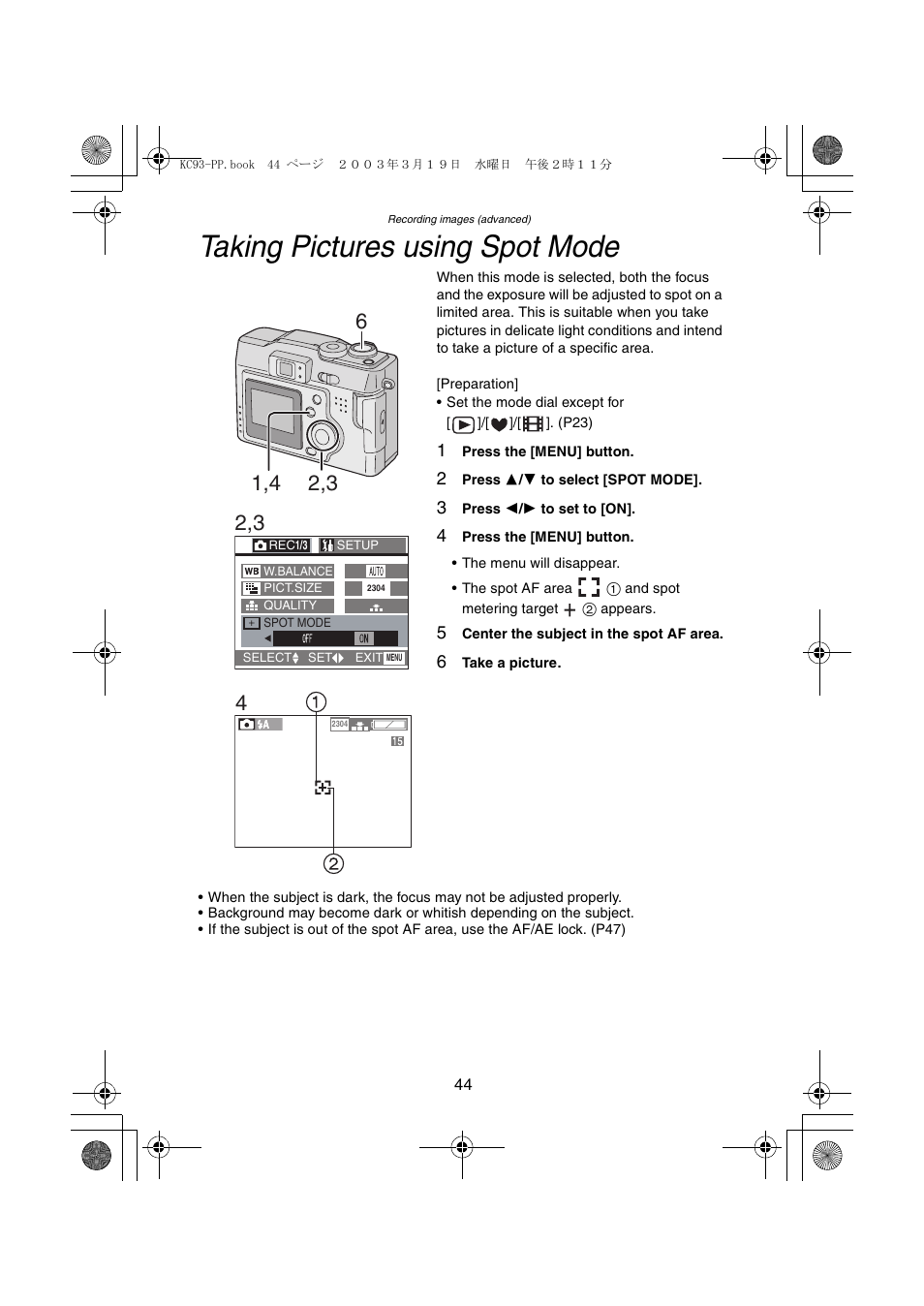 Taking pictures using spot mode | Panasonic DMC-LC43PP User Manual | Page 44 / 104