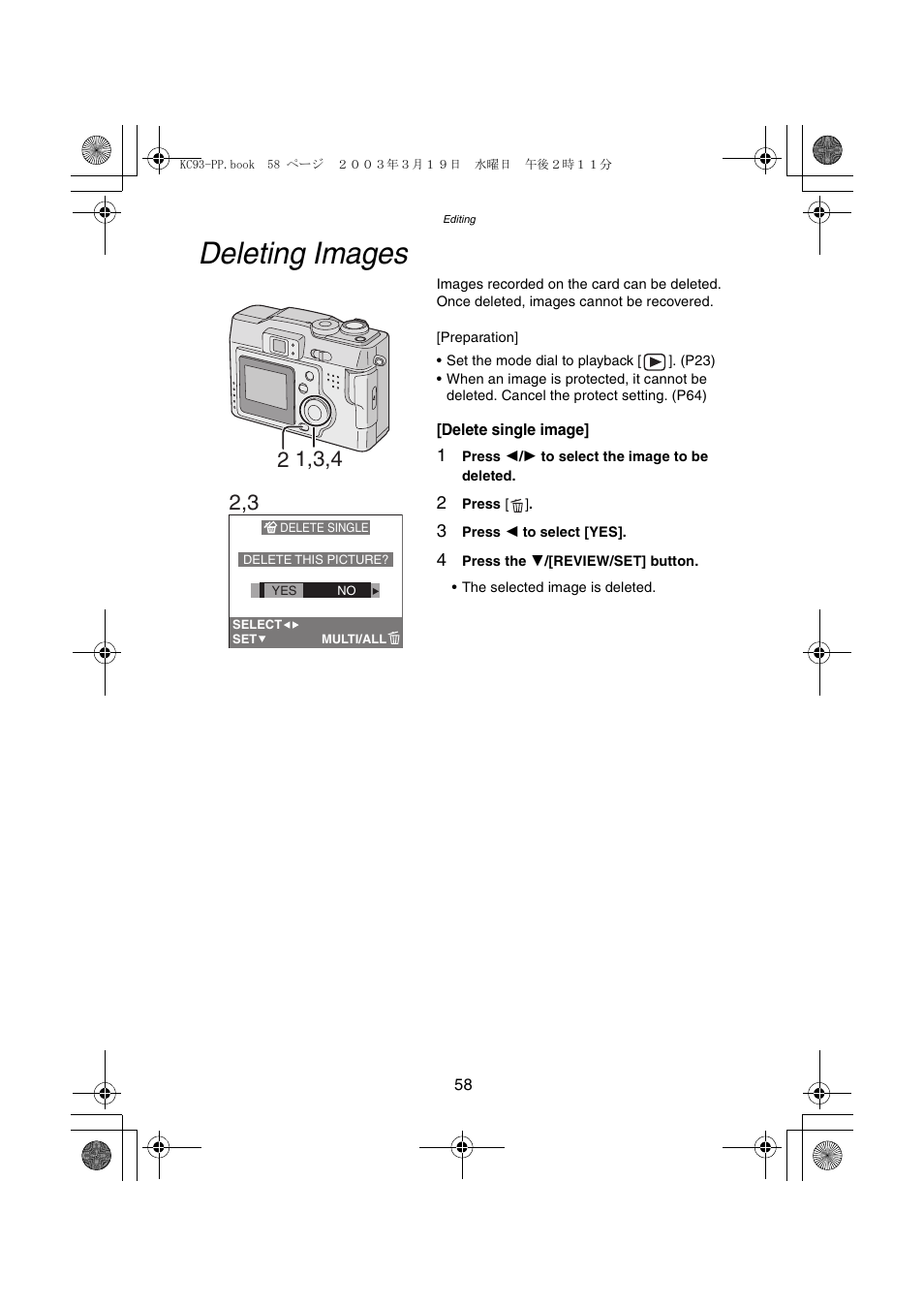 Editing, Deleting images | Panasonic DMC-LC43PP User Manual | Page 58 / 104