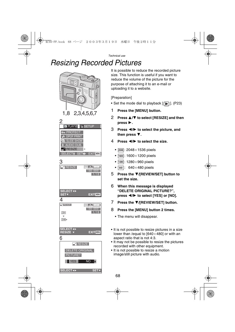 Resizing recorded pictures | Panasonic DMC-LC43PP User Manual | Page 68 / 104