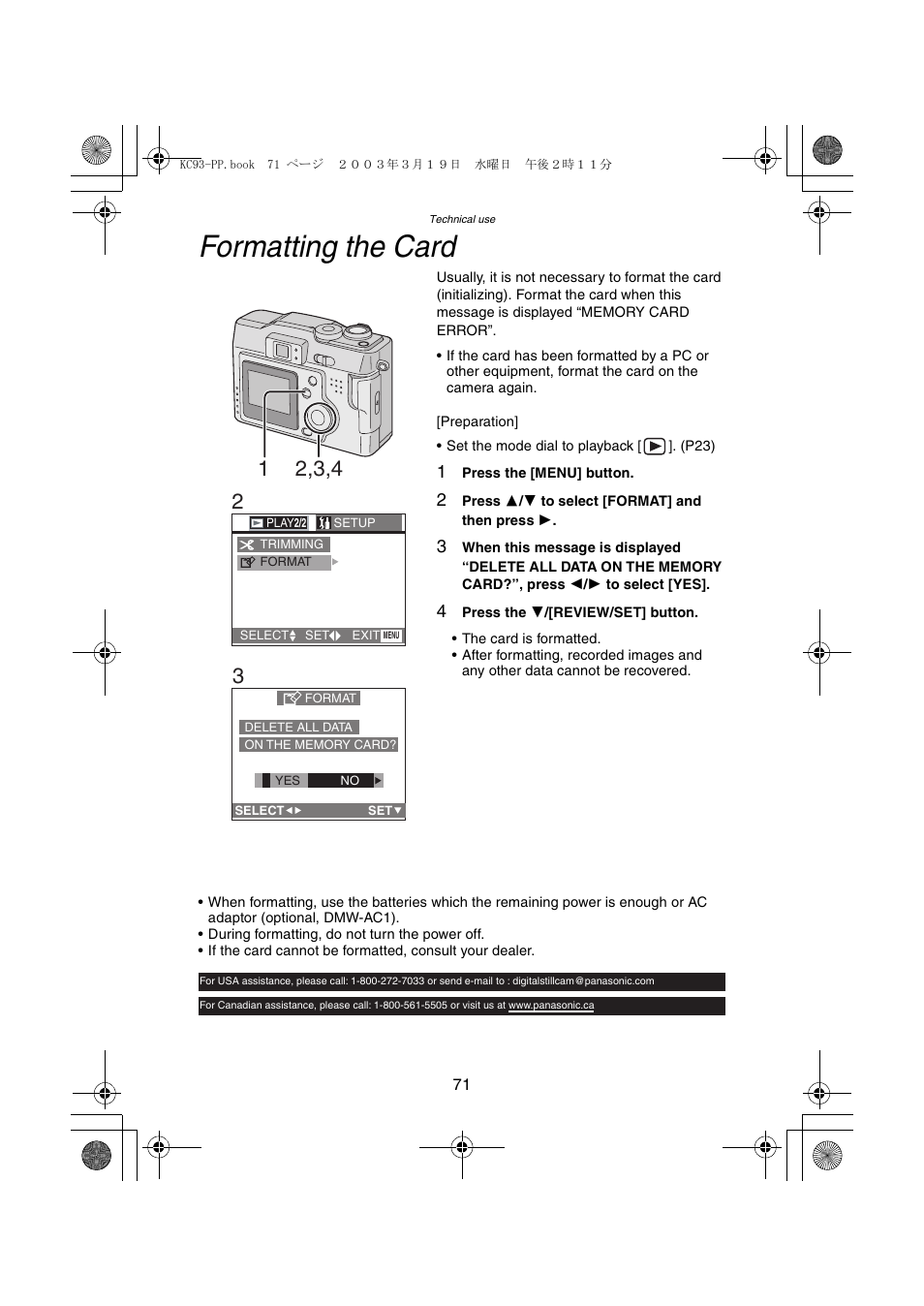 Formatting the card | Panasonic DMC-LC43PP User Manual | Page 71 / 104