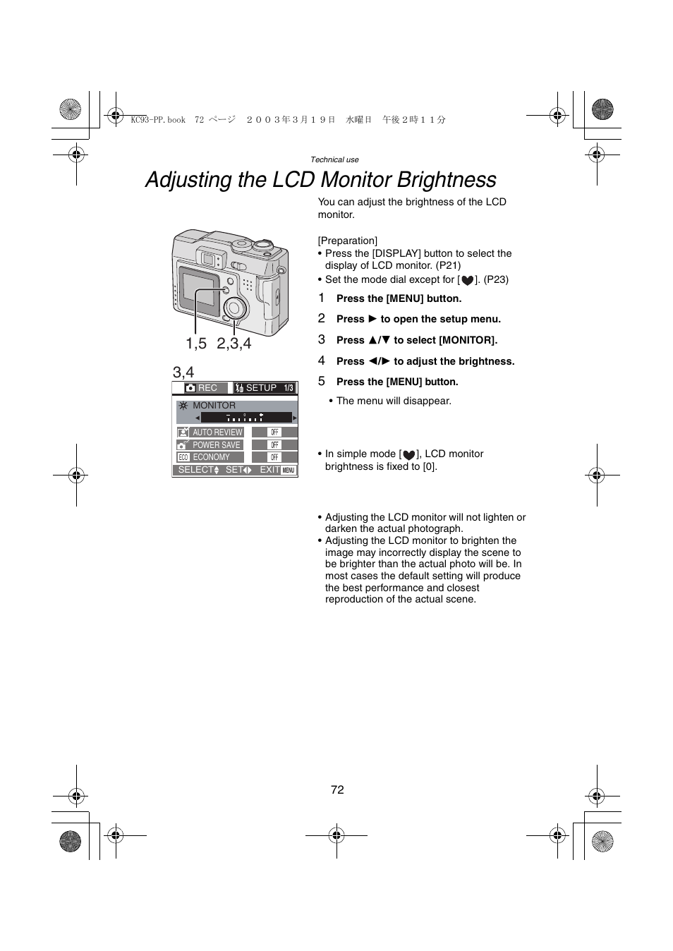 Adjusting the lcd monitor brightness | Panasonic DMC-LC43PP User Manual | Page 72 / 104