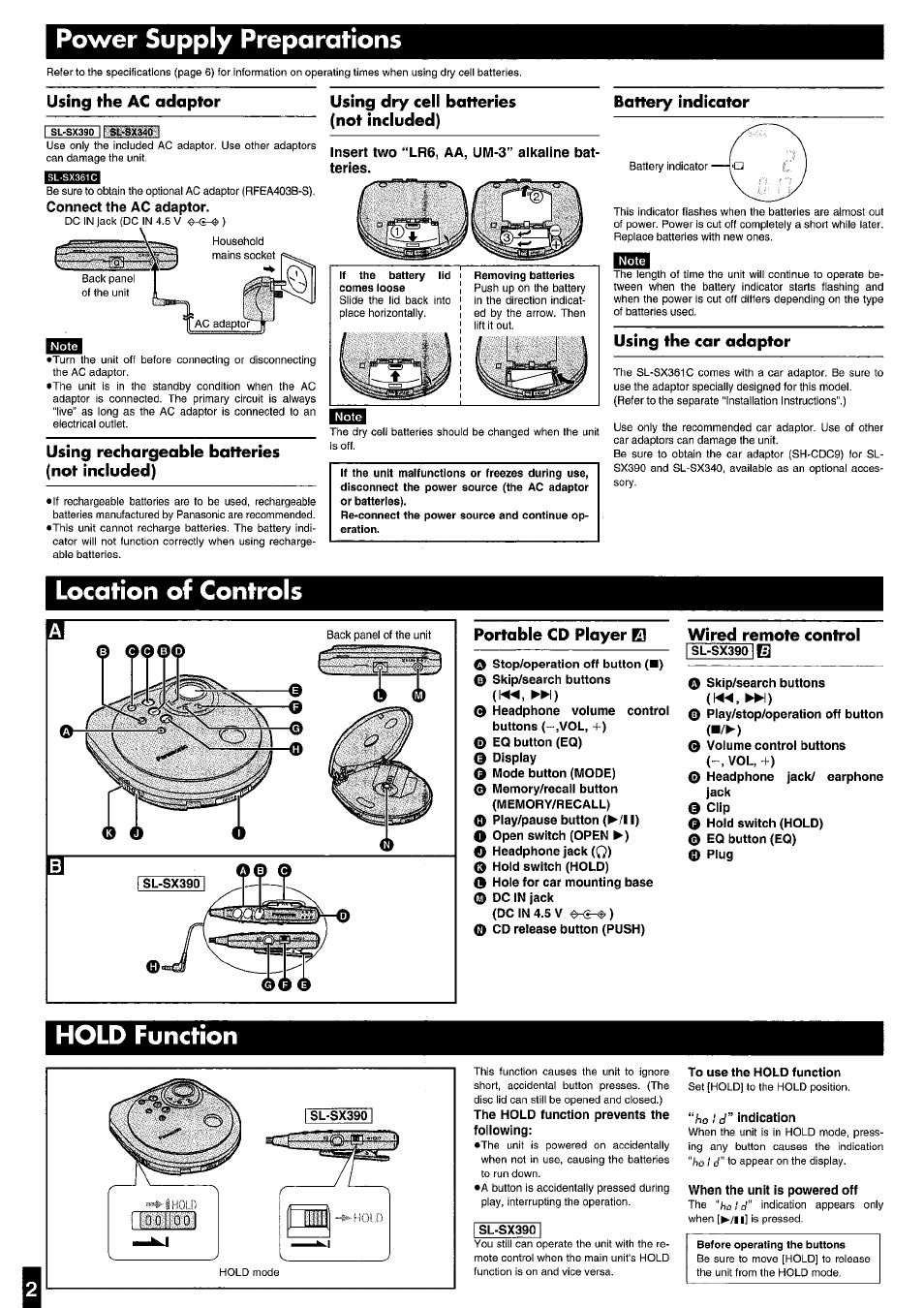 Insert two ‘‘lr6, aa, um-3” alkaline batteries, Power supply preparations, Location of controls | Hold function | Panasonic SL-SX340 User Manual | Page 2 / 6