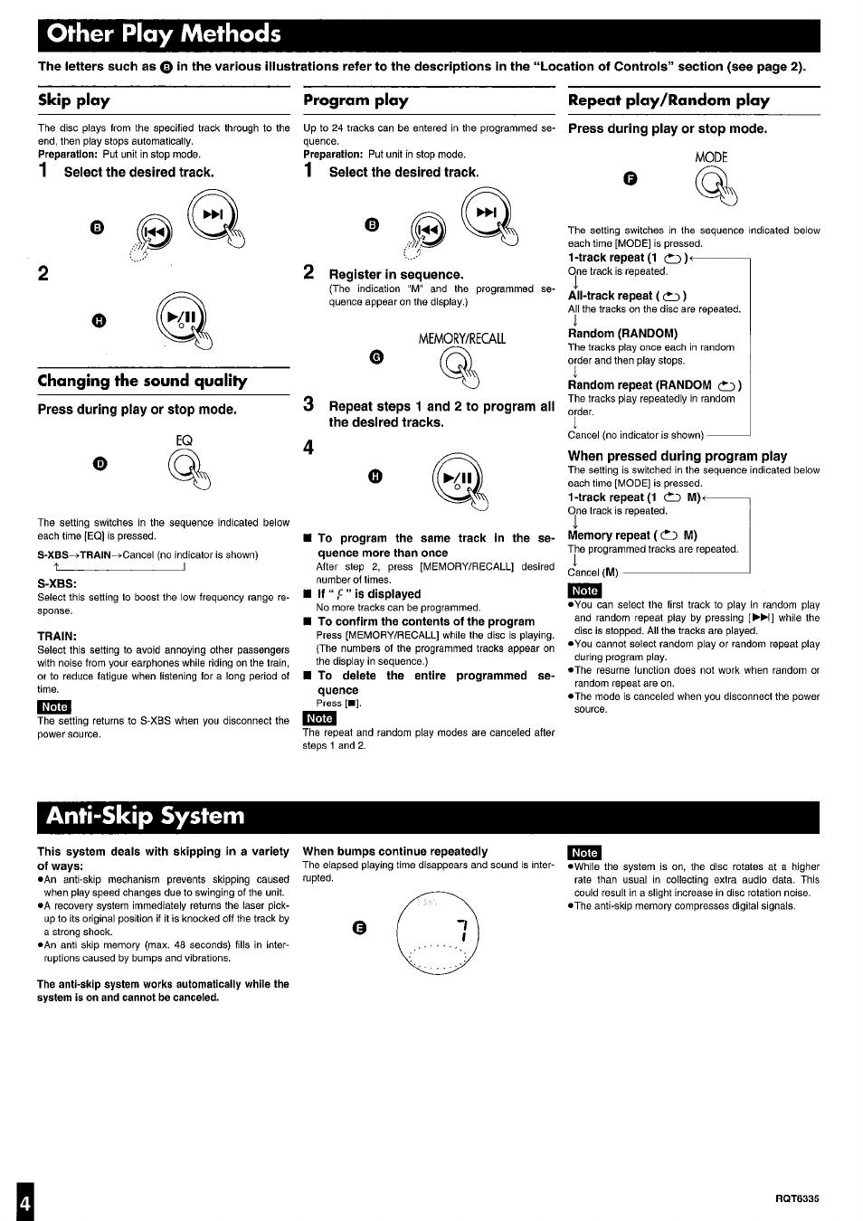1 select the desired track, Press during play or stop mode, 2 register in sequence | When pressed during program play, Other play methods, Anti-skip system | Panasonic SL-SX340 User Manual | Page 4 / 6