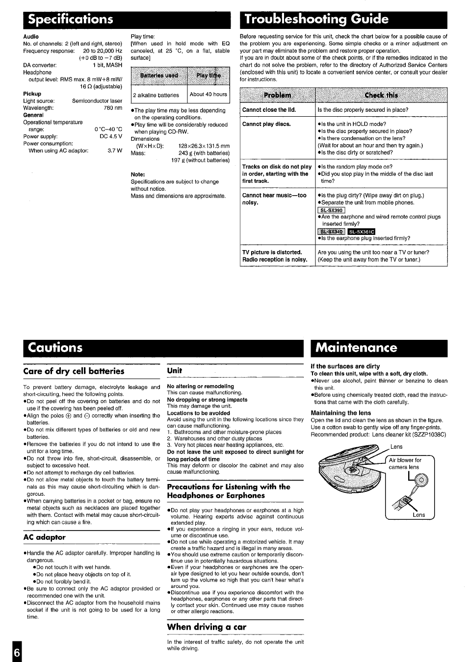 Unit, Ac adopter, Specifications | Troubleshooting guide, Cautions maintenance | Panasonic SL-SX340 User Manual | Page 6 / 6