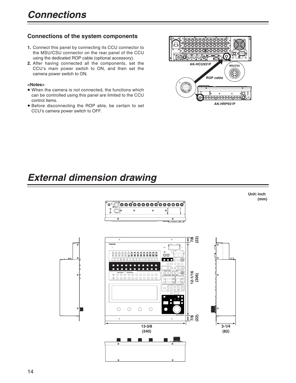 Connections, External dimension drawing, External dimension drawing connections | Connections of the system components, Aux link csu | Panasonic AK-MSU930P User Manual | Page 14 / 16