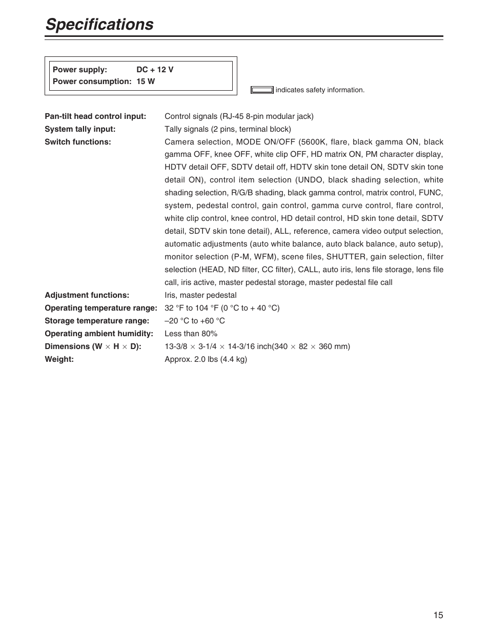 Specifications | Panasonic AK-MSU930P User Manual | Page 15 / 16