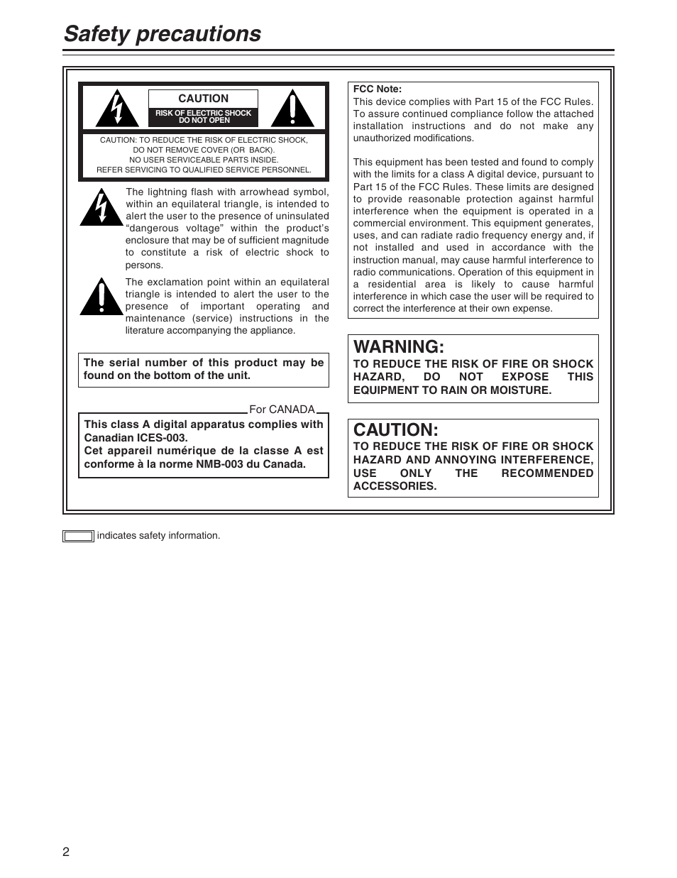 Safety precautions, Warning, Caution | Panasonic AK-MSU930P User Manual | Page 2 / 16