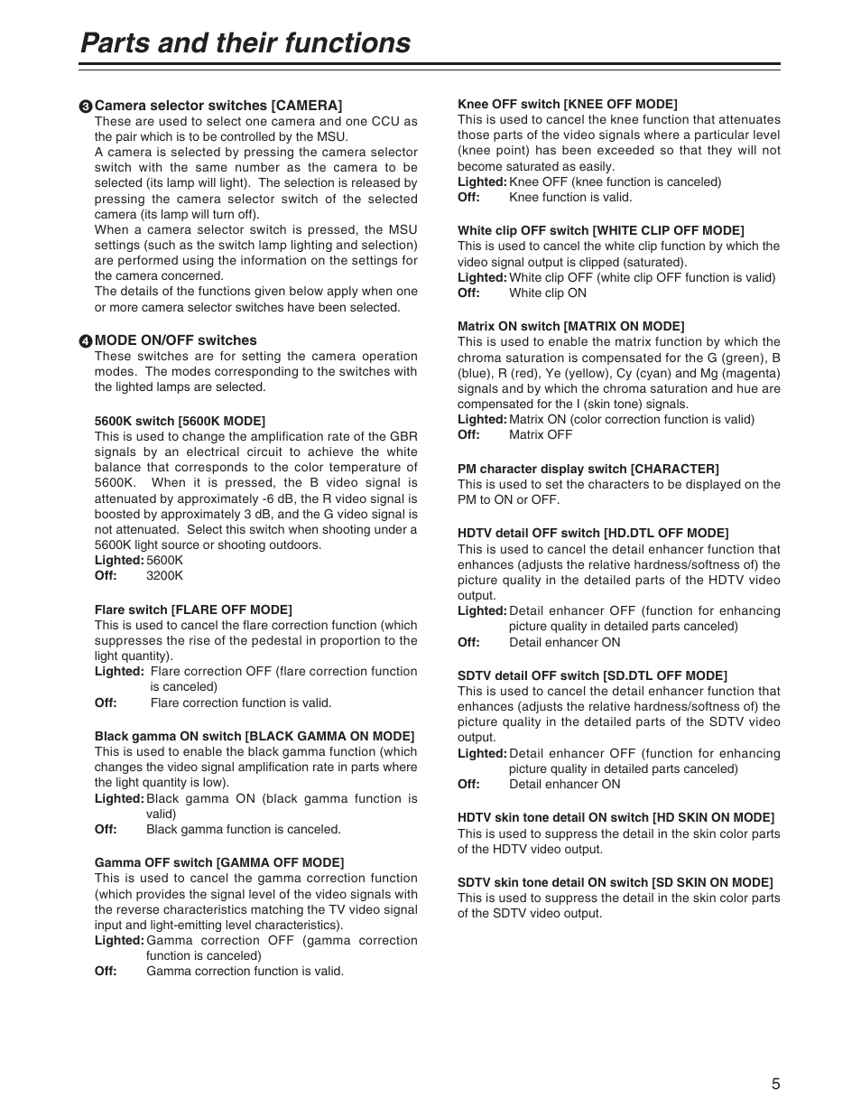Parts and their functions | Panasonic AK-MSU930P User Manual | Page 5 / 16