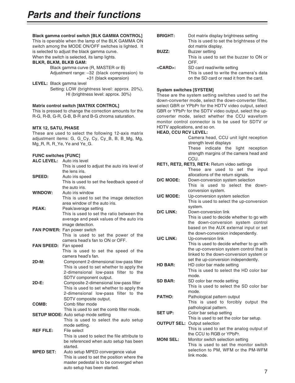 Parts and their functions | Panasonic AK-MSU930P User Manual | Page 7 / 16