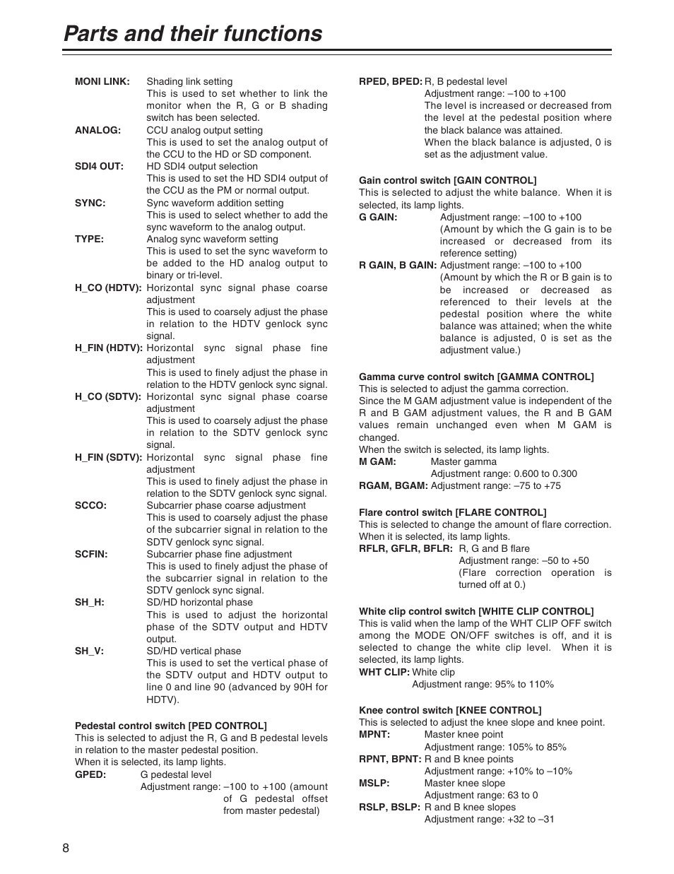 Parts and their functions | Panasonic AK-MSU930P User Manual | Page 8 / 16