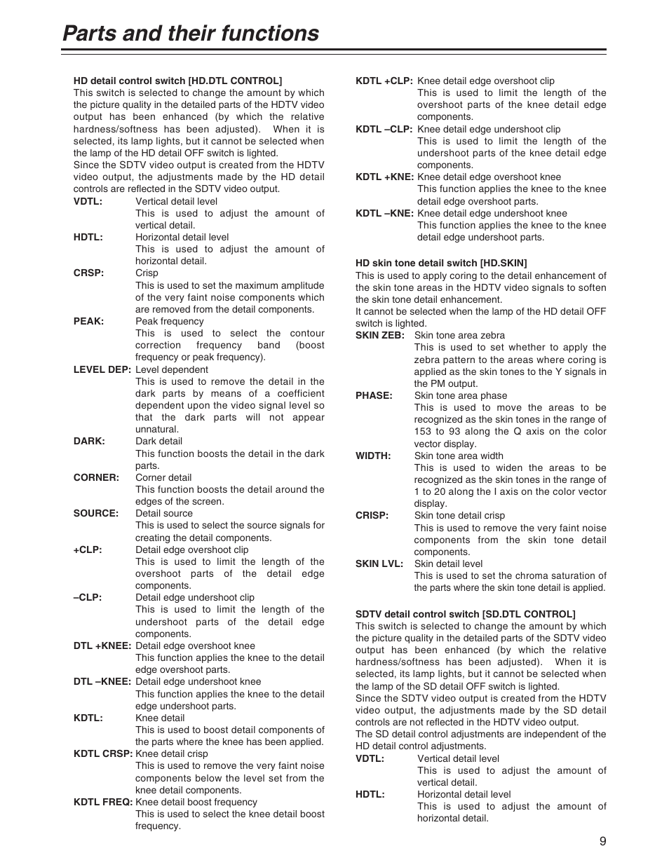 Parts and their functions | Panasonic AK-MSU930P User Manual | Page 9 / 16