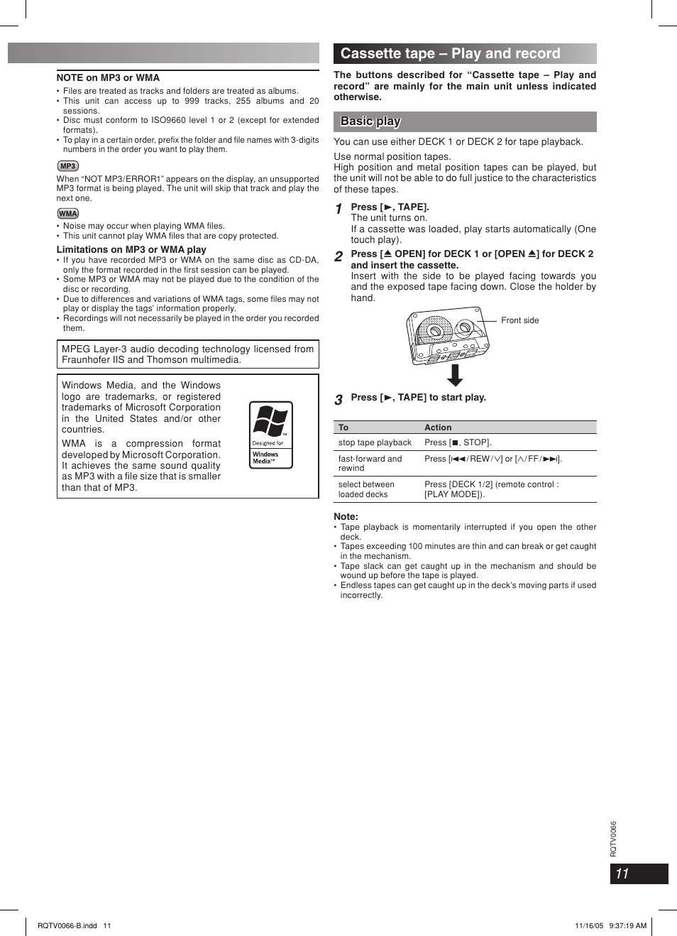 Cassette tape – play and record, Lang - 5 lang - 4 français dansk deutsch, Basic play | Panasonic SC-AK340 User Manual | Page 11 / 20