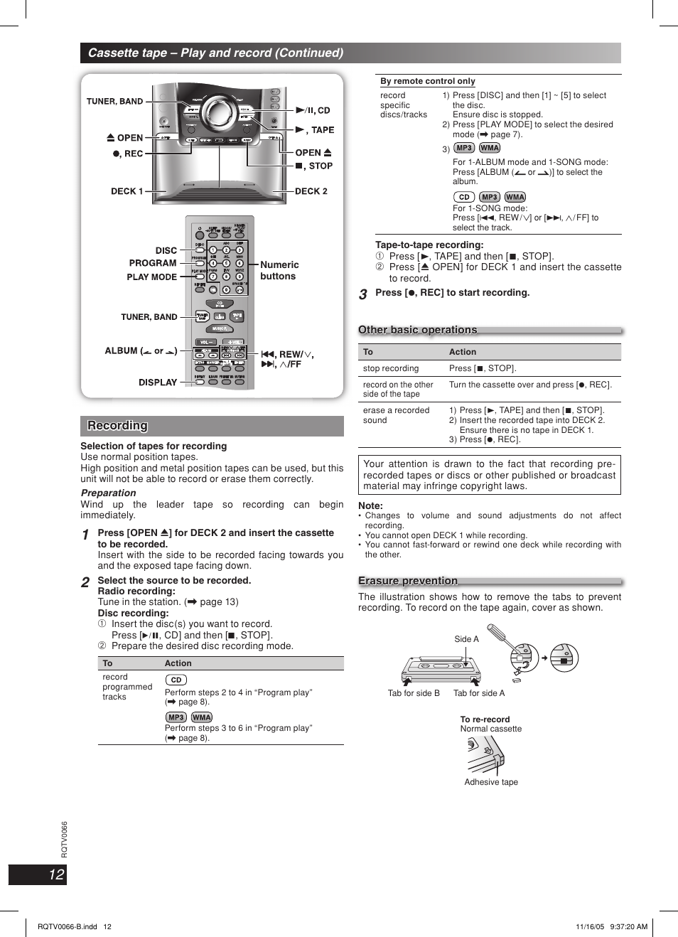 Lang - 5 lang - 4 français dansk esp añol, Recording, Cassette tape – play and record (continued) | Panasonic SC-AK340 User Manual | Page 12 / 20
