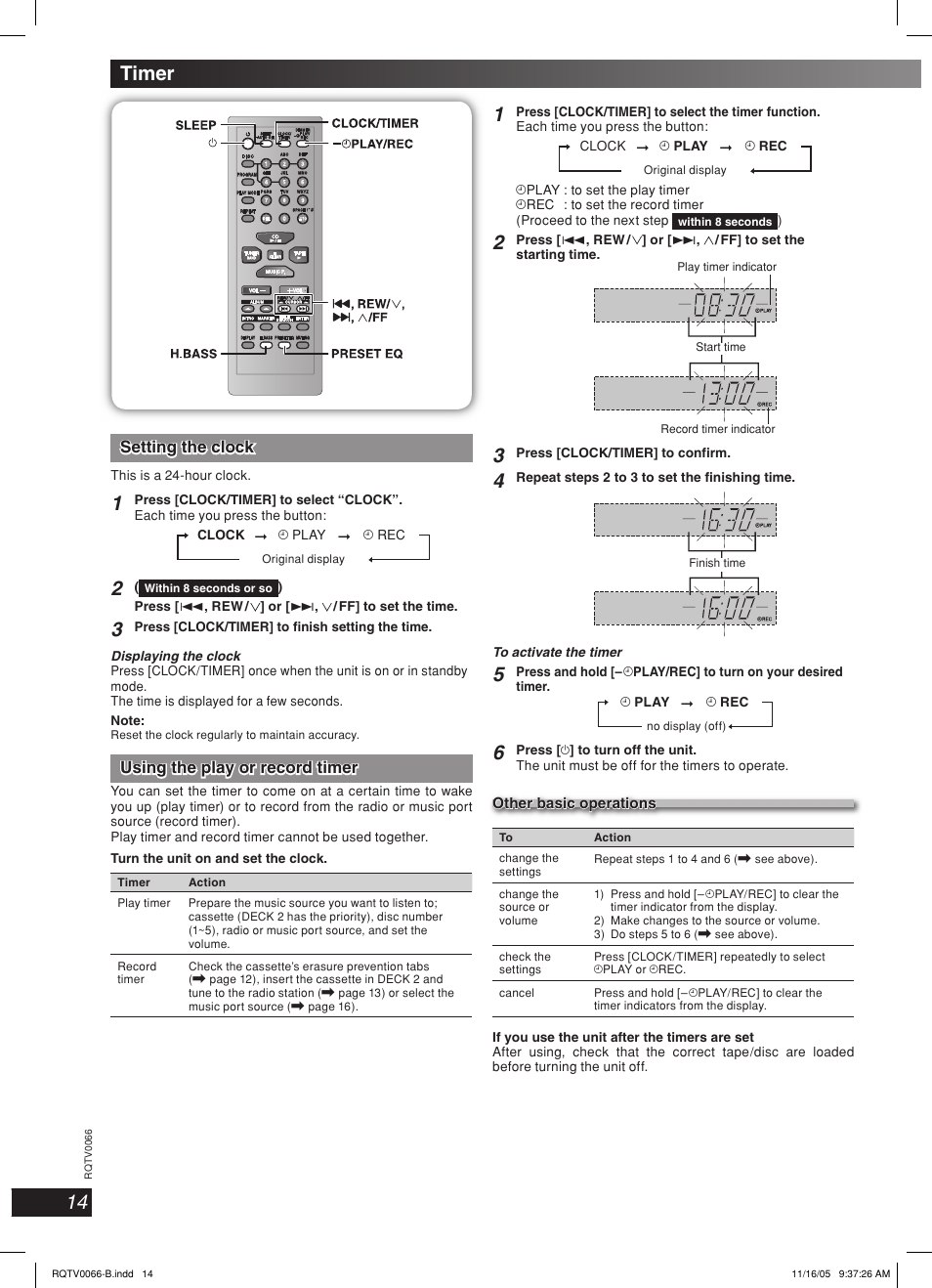 Timer, Lang - 5 lang - 4 français dansk esp añol, Setting the clock | Using the play or record timer | Panasonic SC-AK340 User Manual | Page 14 / 20